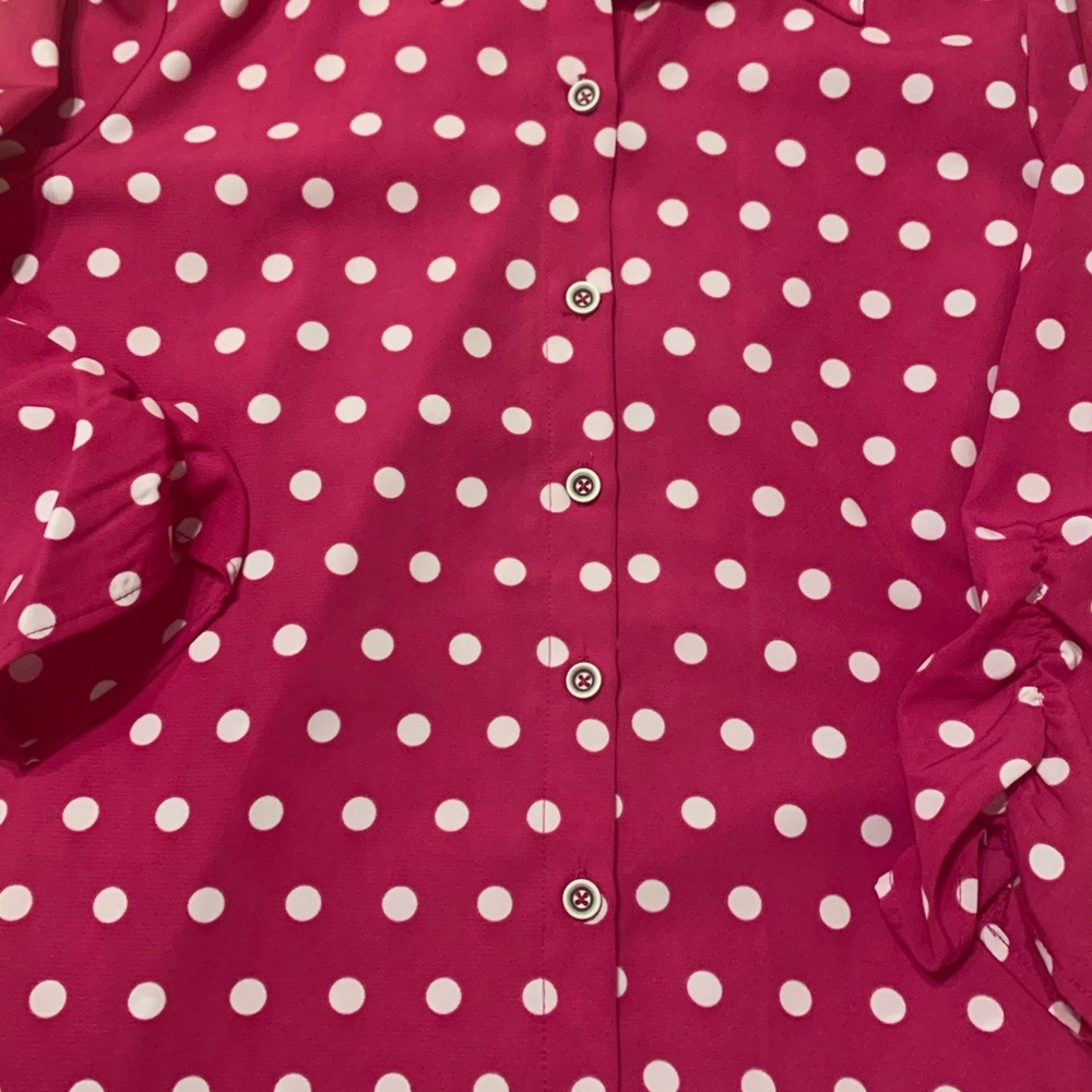 Susan Graver Polka Dot Shirt with Ruched Sleeves - Picture 9 of 10